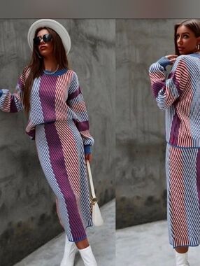 SHEIN Striped Midi Skirt in Purple, Blue & Pink